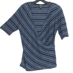 Lauren Ralph Lauren Top Linen Wrap Preppy Nautical Classic Stripe Blue Medium